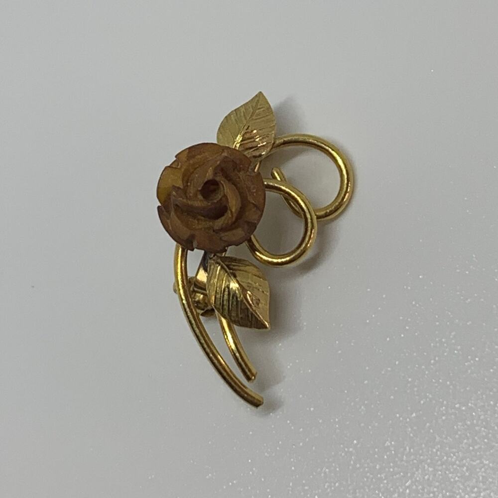 Vintage Gold Filled Tone Carved Rose Flower Brooch Pin 1950s Style